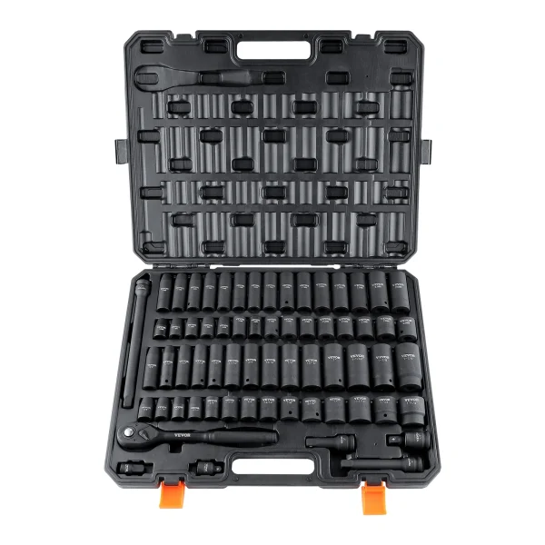 VEVOR 1/2" Drive Impact Socket Set 65 Piece Socket Set SAE 3/8" to 1-1/4" and Metric 10-24mm 6 Point Cr-V Alloy Steel